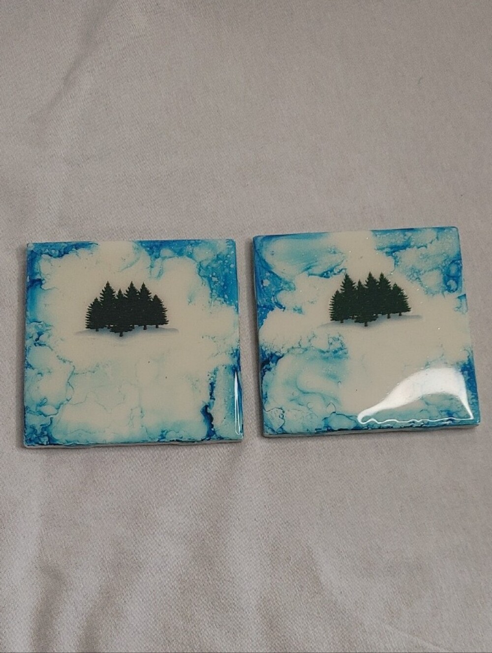 Handmade Blue & White Resin Coasters with Pine Tree Silhouette